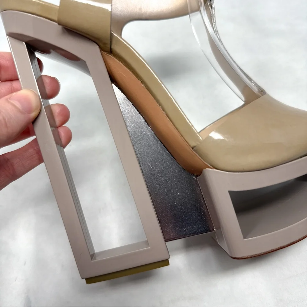 CASADEI Vintage Y2K Sky High Chunky Platform Patent Leather T Strap Sandal Heels